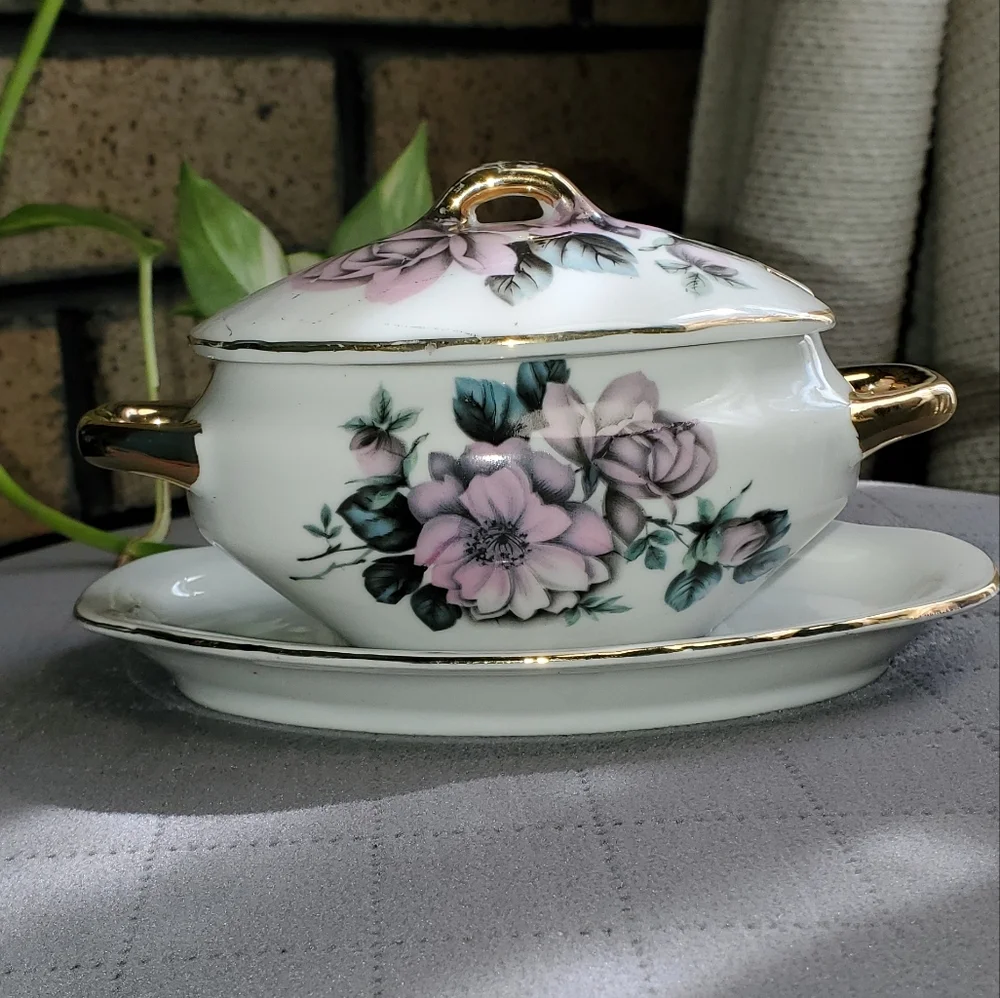 Floral Gravy Server with Gold Accents